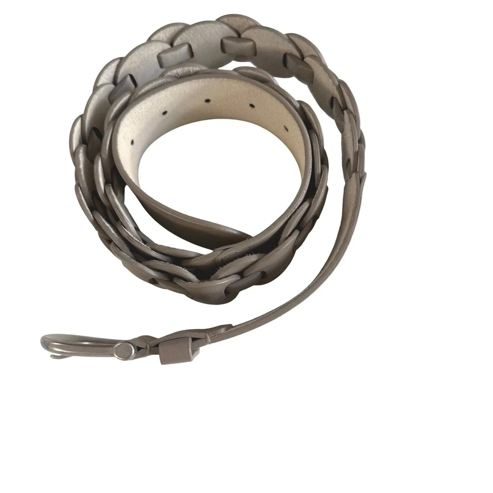 Vintage Wide Genuine‎ Leather Disc Link Belt Taupe Silver Buckle Boho Belt